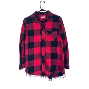 BeachLunchLounge Red Plaid Button Front Shirt Fringe Trim Long Sleeve Women Sz S